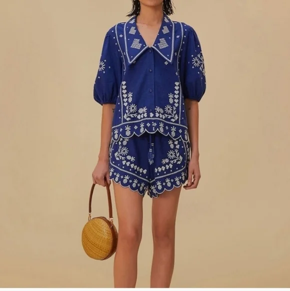 FARM Rio Blue Embroidered Top